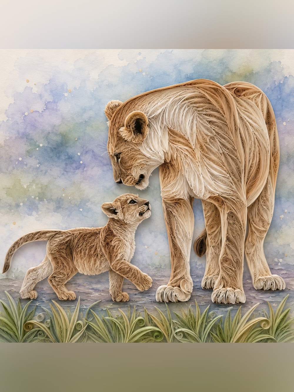 8x8 Black Framed Quilled Mother & Baby Lion Wall Art Print